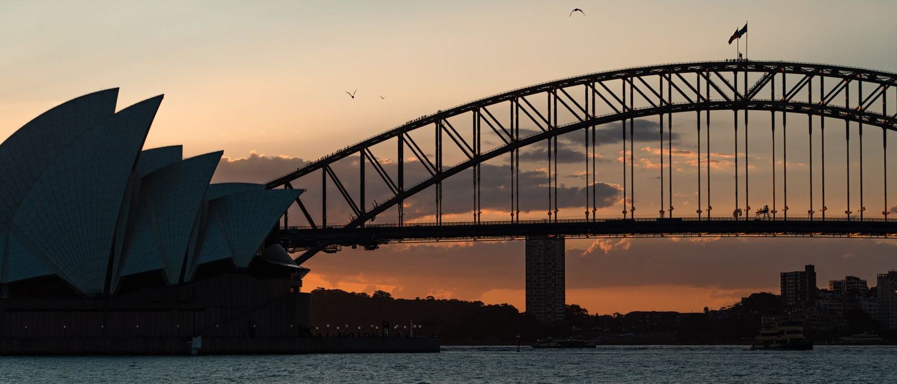 Sydney Harbour at dusk, looking across to the Opera House and the Harbour Bridge